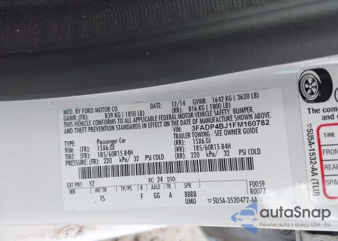 2015 Ford Fiesta Se z USA, uszkodzony, nr VIN 3FADP4BJ1FM160782